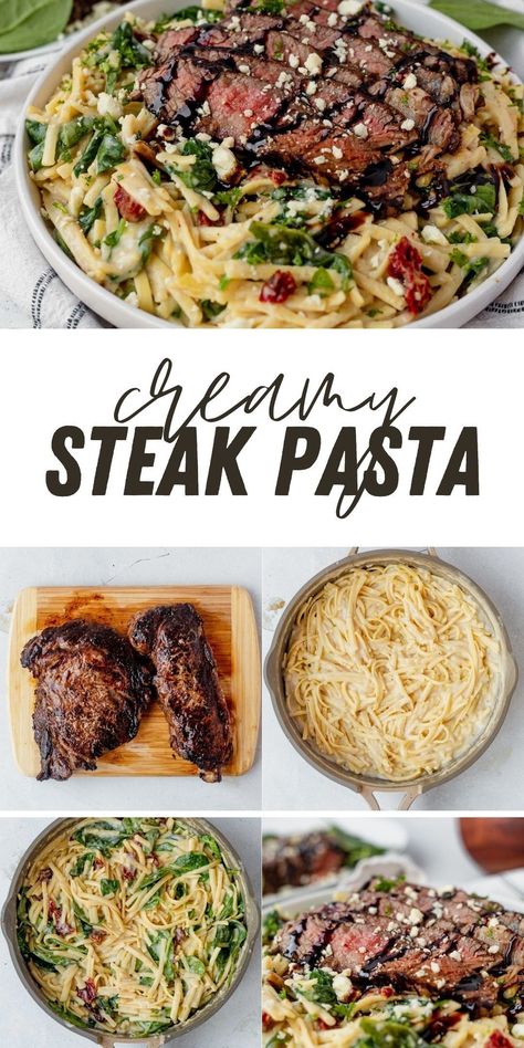 Steak And Mushroom Pasta Recipes, Pesto Steak Recipe, Steak Tip Pasta Recipes, Steak Asparagus Pasta, Steak Lunches For Work, Steak Bites Pasta, Tuscan Steak Pasta, Balsamic Steak Pasta, Shaved Steak Pasta