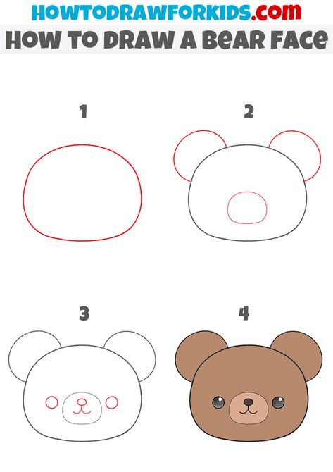 Easy Drawing For Kindergarten, Easy To Draw Animals, Draw A Bear, Bear Face Drawing, Trin For Trin Tegning, Kindergarten Drawing, Easy Animal Drawings, Drawing Lessons For Kids, 얼굴 드로잉