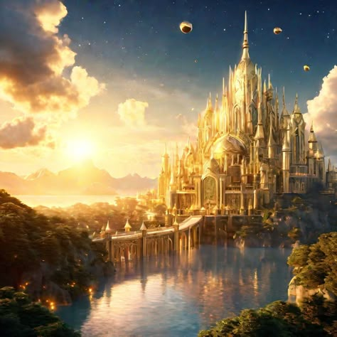 celestial kingdom, paradise in the sky, golden city, cinematic style... Celestial Kingdom Fantasy Art, Golden Castle Aesthetic, Kingdom Aesthetic Light, Golden Kingdom Aesthetic, Sun Kingdom Aesthetic, Golden City Fantasy Art, Fantasy Kingdom Cities, Fantasy Skyline, Japanese Fortress