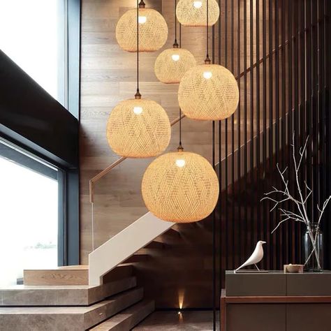 Modern Bamboo Lantern Hand Woven Lampshade Rattan Decoration Chandelier Dining Room Suspension Restaurant Pendant Lights - AliExpress Staircase Pendant Lighting, Stairwell Chandelier, Retro Ceiling Lights, Stairwell Lighting, Bamboo Light, Light Canopy, Living Room Corner, Bamboo Pendant Light, Stair Lighting