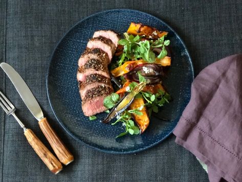 Dukkah Crusted Lamb Backstrap with Roasted Veg and Watercress Salad | 1 Eighty Kitchen | Healthy Meal Plans w. Shopping List & Recipes Lamb Backstrap Recipes Dinners, Lamb Backstrap Recipes, Roasted Veg Salad, Lamb Backstrap, Backstrap Recipes, Lamb Salad, Weekly Recipes, Lamb Loin, Good Meatloaf Recipe