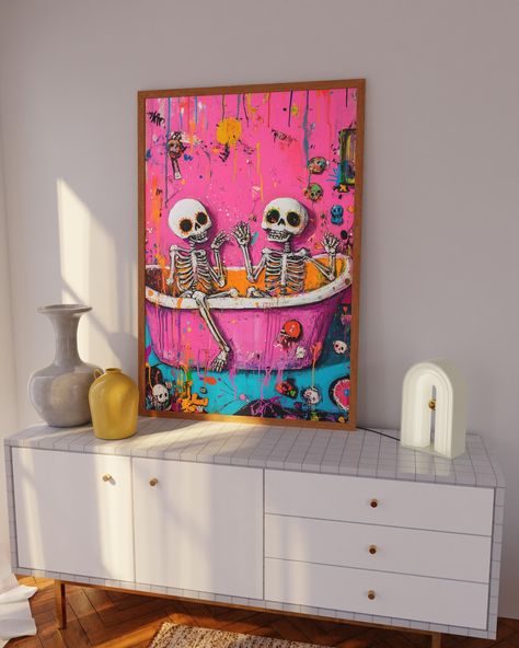 Funky Pink Bathroom Decor, Colorful Skeletons in Bathtub Halloween Decor, Abstract Maximalist Halloween Skeleton Artwork, Dopamine Wall Art ♥ Please visit my shop for more art prints: LovelyPrintsStudioCo.etsy.com All our posters have smooth matte finish as we print on on 175 gsm fine art museum grade paper. Museum grade paper is known to be archival, which means it can be stored for a long time without turning yellow. We use archival inks to make sure that our art prints will not fade when expo Funky Bathroom Wall Art, Funky Pink Bathroom, Colorful Maximalist Decor Bathroom, Dopamine Decor Bathroom, Dopamine Bathroom, Strange Wall Art, Maximalist Halloween, Weird Home Decor, Bathroom Decor Colorful