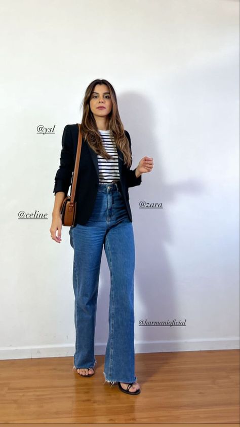 Converse And Blazer Outfit, Blue Jean Work Outfits, 90s Suits Women, Wide Leg Jeans With Blazer, Black Blazer Jeans Outfit, Casual Friday Outfit Office, Outfit Dinner Night Casual, Friday Office Outfit Casual Jeans, Outfit With Black Blazer