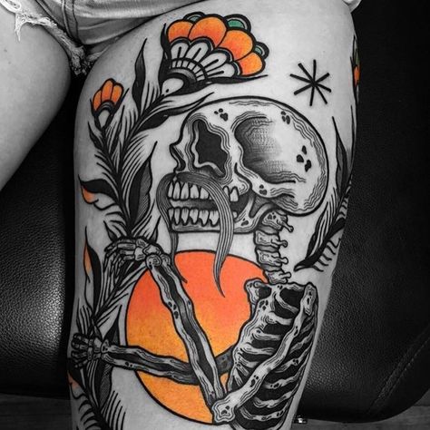 Sunset skeleton by Tahlia Undarlegt, an artist based in Fremantle, Australia. Shock Mansion, Skeleton Tattoos, Gothic Tattoo, Tattoo Desings, Thigh Tattoos Women, Tattoo Project, Black Work, Rib Tattoo, Thigh Tattoo