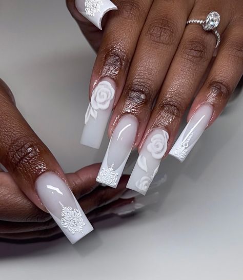 Bridal freestyle 🥂🕊♡₊˚₊✧ Sweet girl Came to make her big day xtra special with some fresh claws ✨ • Check out @ash_doesnailz for appointments/content/inspo & more • July books open! Link to book in bio 🤗 • Products used @vbeautypure Soft touch & crystal clear @dndgel French white gel polish No cleanse top coat #weddingnails #bridalnails #weddinginspo #softwhitenails #whitenails #3drosenails #3dflowernails #embossednails ##vintagenails #vbeautypure #vbeauty #dndgelpolish #summernails... Milky White Nails With White Design, White Base Nail Design, White Base Acrylic Nails, White Gel Polish, Bio Products, Junk Nails, 3d Flower Nails, Books Open, Dnd Gel Polish