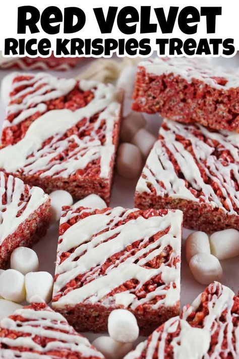 Turn a classic cake flavor into these decadent Red Velvet Rice Krispie Treats! Creamy marshmallows and crunchy rice cereal combine with the delicious flavors of red velvet for the perfect dessert. Great for Valentine’s Day or even Christmas! Red Velvet Rice Krispie Treats, Holiday Dessert Drinks, Velvet Desserts, Crunchy Rice, Edible Recipes, Homemade Rice Krispies Treats, Red Velvet Desserts, White Chocolate Drizzle, No Bake Cherry Cheesecake