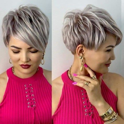 Haircuts Trending, Curly Pixie Hairstyles, Layered Pixie, Square Face Hairstyles, Bob Hairstyles For Thick, Medium Layered Hair, Modern Haircuts, Short Hair Trends, Short Grey Hair