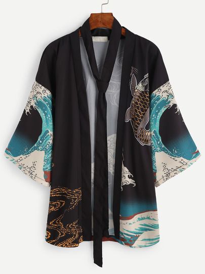 Spindrift And Carp Print Kimono With Belt Belt Tops, Kimono With Belt, Kimono Women, 일본 패션, Kimono Yukata, Beach Kimono, Japan Style, Style Tops, Print Kimonos