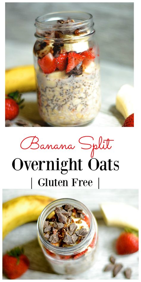 Easy and delicious breakfast for a busy morning! Refined sugar free, gluten-free, and kid friendly! Banana Split Overnight Oats, Oats In A Jar, Blended Oats, Overnight Oats Recipe Easy, Easy Oatmeal Recipes, Portable Breakfast, Night Oats, Overnight Oats In A Jar, Best Overnight Oats Recipe