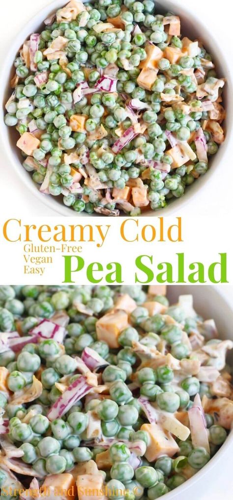 Old-Fashioned Pea Salad (Vegan, Gluten-Free) | Strength and Sunshine | This classic Old-Fashioned Pea Salad is the perfect cold and creamy potluck salad for every occasion! Vegan and gluten-free, this easy English pea salad uses eggless mayo, dairy-free cheddar, and smokey coconut bacon. A simple and quick allergy-friendly version of your grandma's go-to Southern holiday or cookout side dish! Pea Salad Vegan, Cold Dishes For Potluck, Cold Pea Salad, Creamy Pea Salad, Eggless Mayo, Summer Cookout Side Dishes, English Pea Salad, Summer Potluck Dishes, Best Potluck Dishes