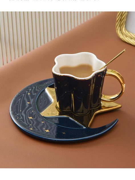 1pc Moon & Star Design Mug & 1pc Saucer Beverage Bar, Star Coffee, Coffee Cups And Saucers, Deck Ideas, Coffee Mug Sets, Star Moon, Cute Room Decor, Unique Coffee, Moon Stars