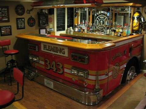 Firefighter Bar                                                       … Firefighter Bar, Firefighter Man Cave, Fire Department Decor, Firefighter Room, Fire Pics, Firefighter Decor, Ultimate Man Cave, Man Cave Basement, Car Furniture