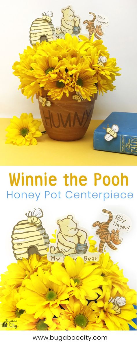 Winnie the Pooh Honey Pot Centerpiece - DIY Birthday Party Decor Winnie The Pooh Honey Pot, Pooh Honey Pot, Diy Halloween Dekoration, Trendy Baby Shower Themes, Winnie The Pooh Honey, Winnie The Pooh Themes, Disney Cute, Ballon Party, Boy Baby Shower Ideas