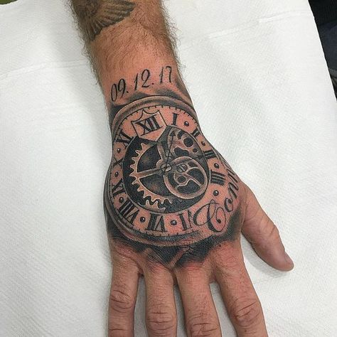 Best arm tattoo designs for men 2024 Clock With No Hands Tattoo, Clock Hand Tattoos For Guys, Time Hand Tattoo, Pocket Watch Hand Tattoo, Clock Hand Tattoo, Arm Tattoo Designs, Unique Hand Tattoos, Nautical Tattoo Sleeve, Exotic Tattoos