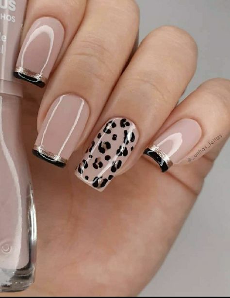 Dark Colored Manicure, Easy Square Nails Ideas, Silver Leopard Print Nails, Short Pixie Haircuts For Thick Hair Edgy, Leopard Print Nail Tips, Nail Art Cheetah Print, Cheetah Print Nail Art, Beige French Manicure, Dark Teal Nails Designs Fall