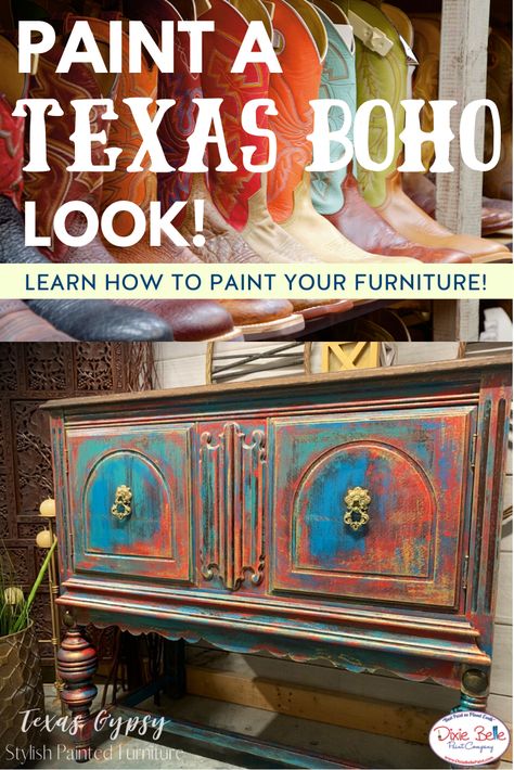 Learn how to paint your furniture with a Texas boho look! Learn this colorful technique using Dixie Belle Paint in Honky Tonk Red, Peacock, Mermaid Tail and Moonshine Metallics! Peacock Mermaid, Furniture Painting Tutorial, Red Peacock, Painted Buffet, Arizona House, Dixie Belle Paint Company, Bohemian Furniture, Furniture Flip, Furniture Painting Techniques