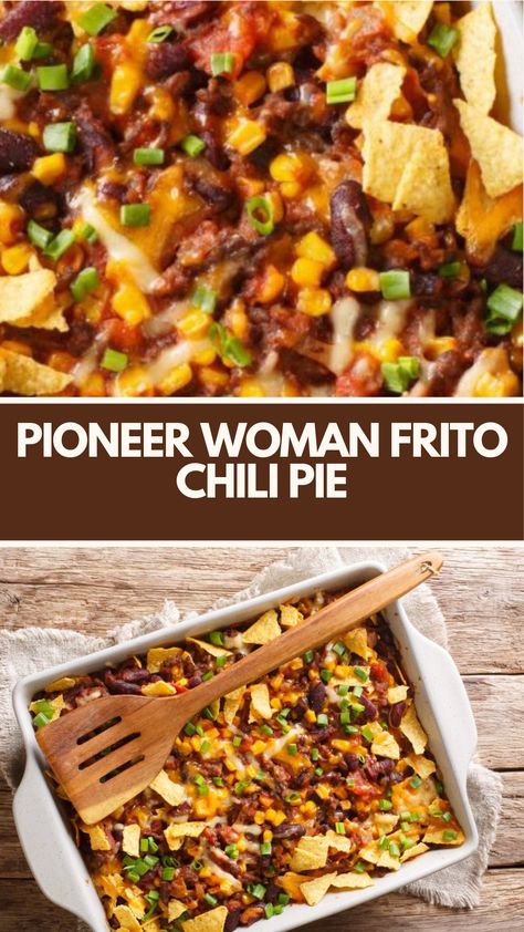 Pioneer Woman’s Frito Chili Pie is made with ground chuck, garlic, tomato sauce, Ro-tel diced tomatoes and chilies, salt, ground oregano, ground cumin, chili powder, kidney beans, pinto beans, masa (corn flour) or corn meal, warm water, Fritos, sharp cheddar cheese, and diced red onion and it takes 1 hour to prepare! Pioneer Woman Frito Chili Pie, Frito Chili Pie Recipe, Chili Pie Recipe, Frito Pie Recipe, Frito Chili, Frito Chili Pie, Chili Pie, Ground Chuck, Bean Pie