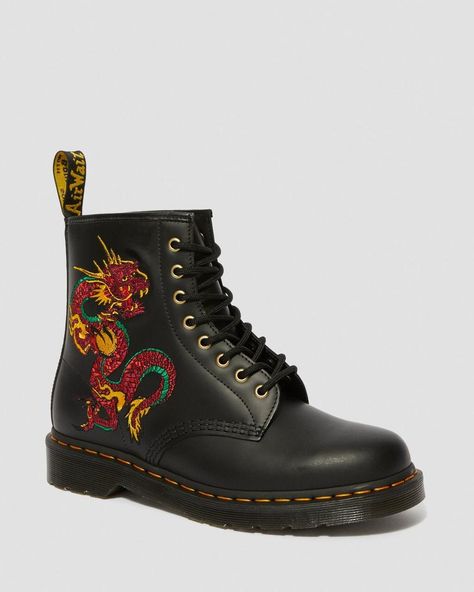 Gothic Lace-up Martin Boots For Fall, Embroidered Doc Martens, Doc Martens Designs, Leather Embroidered Round Toe Boots, Dragon Boots, Leather Dragon, Gold Socks, Galaxy Converse, Galaxy Vans