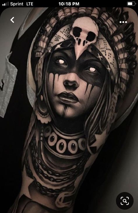 Aztec Tattoos Sleeve, Female Warrior Tattoo, Mujeres Tattoo, Animal Sleeve Tattoo, Wolf Tattoo Sleeve, Surreal Tattoo, Aztec Tattoo Designs, Native American Tattoos, Scary Tattoos