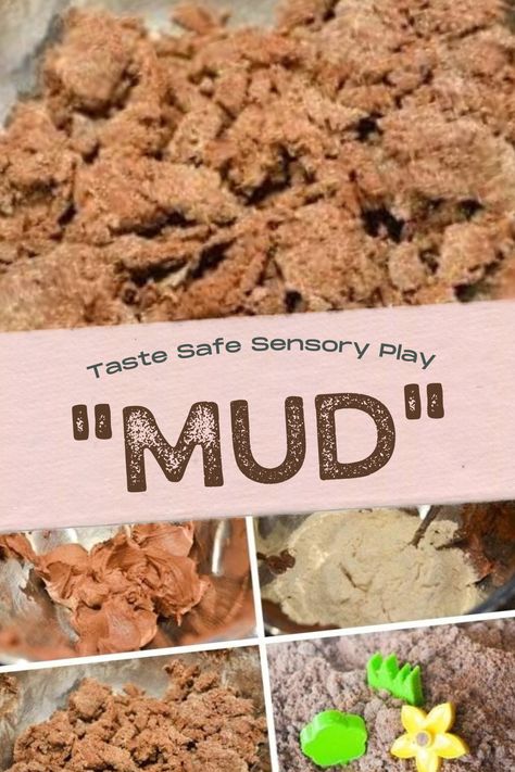 With only 2 ingredients that come from the kitchen, this sensory play 'mud' recipe is super easy to put together, great for toddlers and kids of all ages, and goes with tons of themes. We added dinosaurs to our mud play and plan on doing it again with bugs and flowers. Taste safe sensory play ideas and recipes can be found at A Little Pinch of Perfect. Dirt Sensory Bin, Mud Sensory Bin, Edible Dirt, Mud Recipe, Dirt Recipe, Sensory Play Recipes, Kids Mud, Kids Sensory Play, Diy Edible