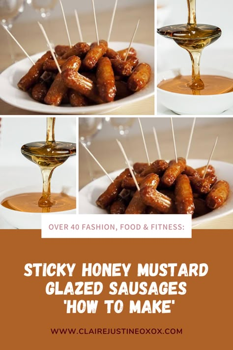 Sticky Honey Mustard Glazed Sausages anyone? Great for a weekend treat as well as a fun party idea. Cocktail Weenies In Oven, Honey Mustard Cocktail Sausages, Honey Mustard Sausages, Little Weenies Recipe, Glazed Sausages, Cocktail Sausage Recipes, Lil Smokies Recipes, Sticky Sausages, Cocktail Weenies