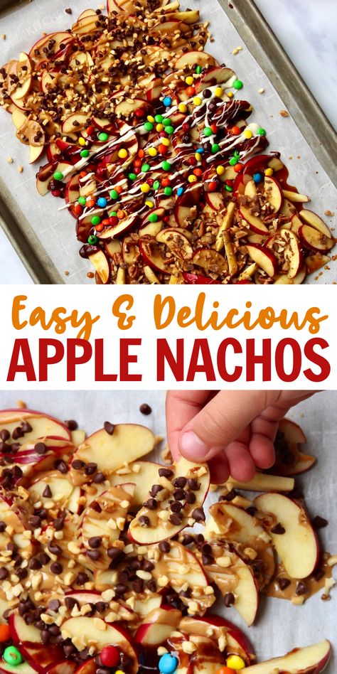 Satisfy your sweet tooth with these fun and yummy Apple Nachos made three ways! They’re so easy to make and taste so great for a snack or dessert that everyone will enjoy! #applenachos #easysnack Candy Apple Nachos, Different Nacho Ideas, Fall Apple Nachos, Carmel Apple Nachos Sheet Pan, Caramel Apple Nachos Recipe, Fall Theme Snacks, Apple Nachos Bar, Apple Nacho Bar, Apple Snack Ideas