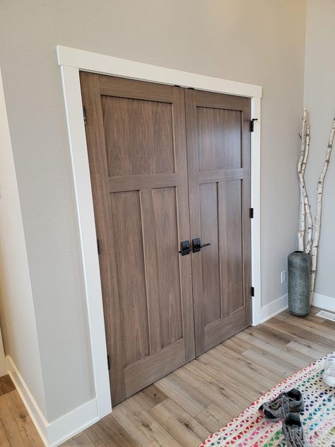 White Floor Trim Wood Door Trim, Wood Doors Black Hardware, Light Stained Doors With White Trim, Hickory Interior Doors, Stained French Doors Interior, Stained Trim Interior Farmhouse, Interior Doors Stained Wood, Interior Trim Stain Colors, Hickory Trim And Doors