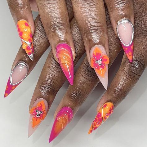 ig: acrylicsbyfatima Orange And Pink Short Nails, Hot Pink Orange Nails, Pink And Orange Acrylic Nails, Ginger Nails, Orange Pink Nails, Pink Orange Nails, Orange And Pink Nails, Pink Short Nails, Orange Acrylic Nails