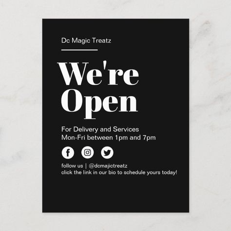 Modern Open For Business Take Out Delivery Black Announcement Postcard | Zazzle.com Beauty Salon Luxury, Launch Event Ideas, Coffee Outdoor, Postcards Inspiration, Window Graphic, Wax Studio, Bakery Sign, Building Interior, Store Signage