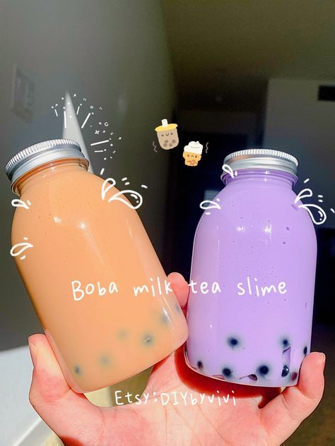 Boba Milk Tea Slime 2oz or 8oz Smooth Slime Great for Kids | Etsy Boba Slime, Aesthetic Boba, Cheap Slime, Taro Milk Tea, Bubble Tea Recipe, Glossy Slime, Boba Milk Tea, Bubble Tea Boba, Blue Slime