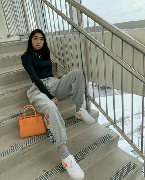 Sweatpants Outfit, Sweat Pants, Stairs, Sweatpants, Purse, Orange, Grey, Pants, Tracksuit Bottoms