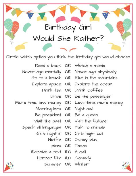 Would She Rather Birthday Game for Her Party - Etsy Canada What To Do At A Teenage Birthday Party, Birthday Party Get To Know You Games, Birthday Would She Rather, Women Birthday Games, 15 Bday Party Games, Fun Games To Play At A 13th Birthday Party, Games For Girls Party, Things To Do For Your 13th Birthday Party, Birthday Quiz Questions Party Games