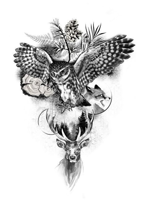 Herne The Hunter Tattoo, Fox Tattoo Sleeve Women, Animal Leg Tattoos Women, Deer Skull Tattoo Design, Coyote Tattoo Women, Animal Sleeve Tattoo For Women, Hirsch Tattoo Frau, Buck Tattoo, Deer Skull Tattoos