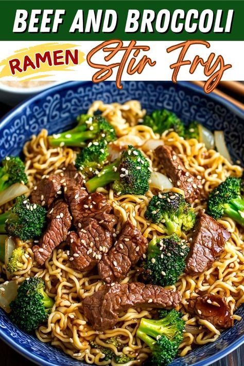 This beef and broccoli ramen stir-fry is even better than takeout! It's a hearty, savory meal that comes together in under 30 minutes. Beef And Ramen Stir Fry, Beef Ramen Stir Fry Easy, Beef And Brocolli Ramen Stir Fry Recipes, Ramen Noodle Stir Fry Beef, Dinner Ideas 30 Minutes Or Less, Ground Beef Ramen Skillet, Chicken And Broccoli Ramen, Stir Fry Beef Recipes, Korean Beef And Broccoli