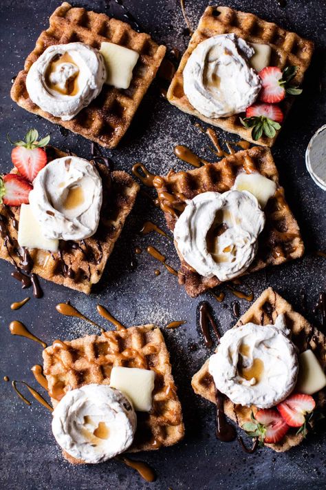 Churro Waffles, Best Waffle Recipe, Yummy Waffles, Homemade Buttermilk, Waffle Toppings, Half Baked, Half Baked Harvest, Waffle Iron, Waffle Recipes