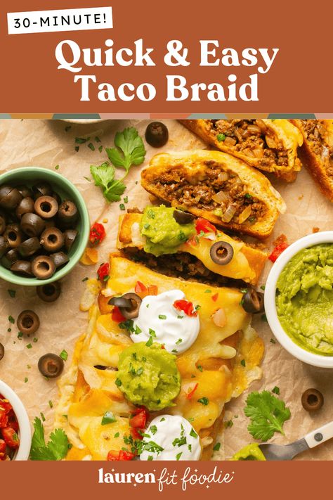 This Taco Braid is an easy recipe for your next taco night. It combines hearty ground beef, melty cheese, and zesty seasoning all wrapped in a flaky, golden crescent dough. Ready in just 30 minutes, this easy dinner is a quick meal the whole family will love! Taco Braid, Cheese Tacos, Meat Dinners, Crescent Dough, Easy Taco, Melty Cheese, Taco Night, Quick Meal, Perfect Food