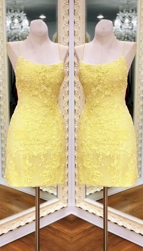 yellow lace hoco dress Hoco Dresses Light Yellow, Yellow Dama Dresses, Yellow Hoco Dress Short, Yellow Dresses Short, Hoco Dresses Yellow, Yellow Hoco Dress, 8th Grade Dresses, Hc Dresses, Grade Dresses