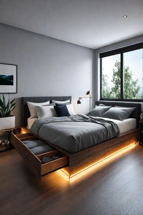 Cozy apartment bedroom with multifunctional bed frame Bedroom Low Bed, Cozy Apartment Bedroom, Multifunctional Bed, Big Bedroom, Style On A Budget, Small Apartment Bedrooms, Big Bedrooms, Affordable Artwork, Low Bed