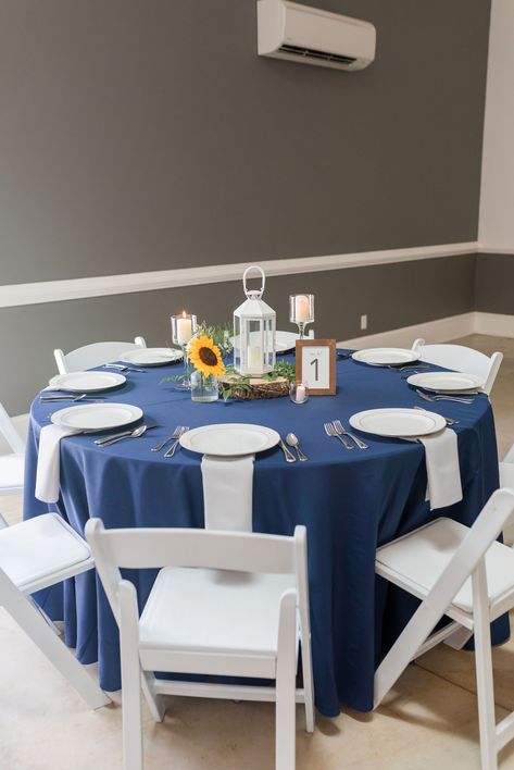 Navy And Grey Wedding Decorations, Navy And Yellow Wedding, Navy And Sunflower Wedding, Navy Blue And Sunflower Wedding, Navy Blue And Yellow Wedding, Navy Blue And Yellow Wedding Decorations, Wedding Ideas Yellow And Blue, Dusty Blue And Sunflower Wedding Tables, Yellow And Dark Blue Wedding