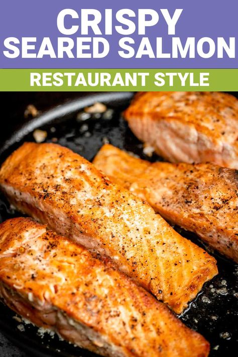 This 15 minute recipe for Crispy Pan Seared Salmon is perfectly browned and crisp on the outside and tender and just cooked on the inside. It only requires a few basic ingredients but yields restaurant-quality salmon every time! Crispy Salmon Fillet, Frying Salmon In A Pan, Crispy Pan Seared Salmon, How To Pan Fry Salmon, How To Sear Salmon, Crispy Salmon, Restaurant Salmon, Easy Pan Fried Salmon Recipes, Perfectly Cooked Salmon