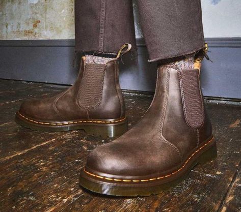 70s Style Boots, Crazy Horse Dr Martens, Brown Dr Martens, 2976 Chelsea Boots, Dr Martens Chelsea, Yellow Stitch, Dr Martens 2976, Shoe Goo, Penny Skateboard