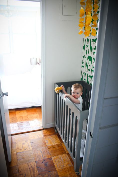 One of the things I still get the most questions about is the mini-crib (and mini-nursery) we used with Hudson in New York. We lived in a 500-square-foot studio, so we transformed our walk-through closet (translation: Aron had to move his clothes into our entry closet) into a little nursery space for with some wallpaper, … Nursery In A Closet, Newborn Things, Apartment Nursery, Mini Nursery, Closet Nursery, Nursery Layout, Tiny Nursery, Nursery Accents, Nursery Accent Wall