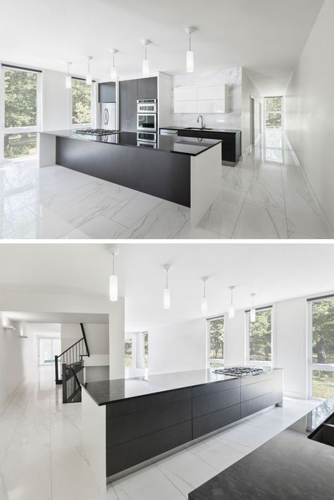 The dark cabinetry and kitchen island contrast with the white walls and marbled floor. Floor Kitchen, Modern Kitchen Island, White Floor, Best Kitchen Designs, Luxury Kitchen Design, Kitchen Room Design, Luxury Kitchens, Marble Floor, Luxury Kitchen