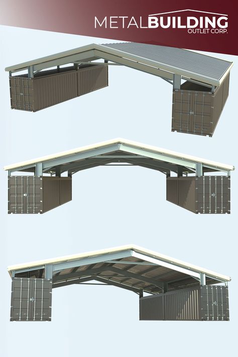 Shipping container roofs are perfect for maximizing the space you already have. They provide an open-air, weather-resistant area ideal for working or storing items. Steel shipping container covers can be mounted on the outer sides of your containers, fully covering them and providing dry storage on top. Click to see our shipping container roof kits and get a quote today. Shipping Container Office Building, Roof Over Two Shipping Containers, Shipping Container Carport Garage, Shipping Container Pavilion, Shipping Container Warehouse, Container Shop Ideas, Roof Shed Design, Conex Shop, Hangar Homes Floor Plans