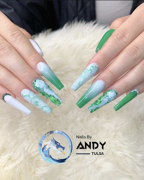 Green And White Marble Nails, Tapper Nails, Cancun Nails, Green And White Nails, White Marble Nails, Baby Blue Acrylic Nails, Irish Nails, Anniversary Nails, Fall Nail Art Designs