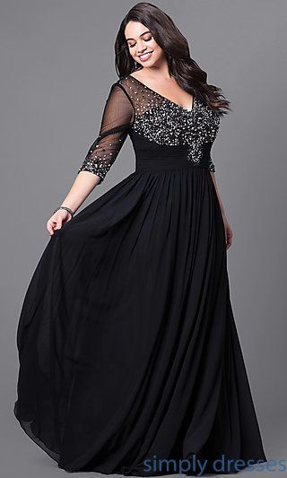 Formal plus-size floor-length evening dress with embellished v-neck, bodice and three-quarter length sleeves by Simply Dresses. Neon Prom Dresses, Plus Size Evening Gown, Evening Dresses Uk, Robes Glamour, Gowns Elegant, Evening Gowns With Sleeves, Sukienki Plus Size, Prom Dress Plus Size, Formal Dresses With Sleeves