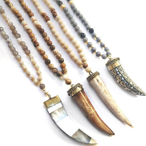 Horn Necklace Boho, Tusk Pendant, Tusk Necklace, Beaded Boho Necklace, Brown Gemstone, Beaded Tassel Necklace, Bone Horn, Horn Necklace, Gold Long Necklace