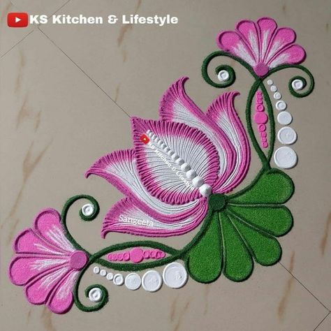 Easy Rangoli For Sankranti, Simple Flower Design Rangoli, Rangoli Designs With Paint, Rongali Design Simple, Free Hand Rangoli Designs Flower, Colour Rangoli Designs, Color Rangoli Designs, Flower Design Rangoli, Easy Flower Rangoli