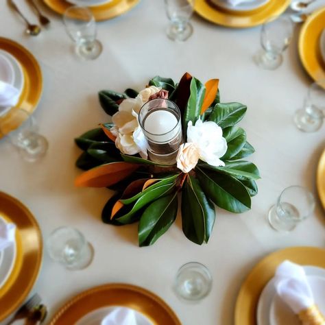 Bold & Belle Designs | These Magnolia centerpieces are just simply gorgeous! 🥰 Created with Fresh Atlanta Magnolia leaves to add a bit of the Southern Beauty to … | Instagram Decorate With Magnolia Leaves, Magnolia Wedding Flowers Centerpieces, Magnolia Greenery Wedding, Magnolia Centerpiece Floral Arrangements, Magnolia Themed Party, Magnolia Wedding Decor, Magnolia Centerpiece Wedding, Magnolia Wedding Decorations, Seminar Decor