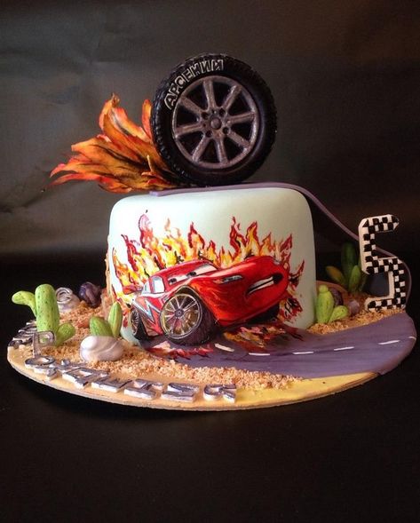 Cake- "Lightning Makvin" - cake by Sweet pear - CakesDecor Lightning Cake, Blaze Birthday Cake, Blaze Cakes, Cake Children, Lightning Mcqueen Cake, Cars Theme Cake, Cartoon Birthday Cake, Mcqueen Cake, Cars Birthday Cake